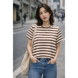 Brown Cream Stripe Tee Japanese Minimalist Ray Beams Boxy Soft Girl S-M